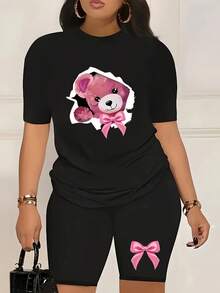 Un conjunto de manga corta para mujer, elegante e casual, , fabricado con material suave y transpirable, ideal para el ocio - negro+negro - Ver 1