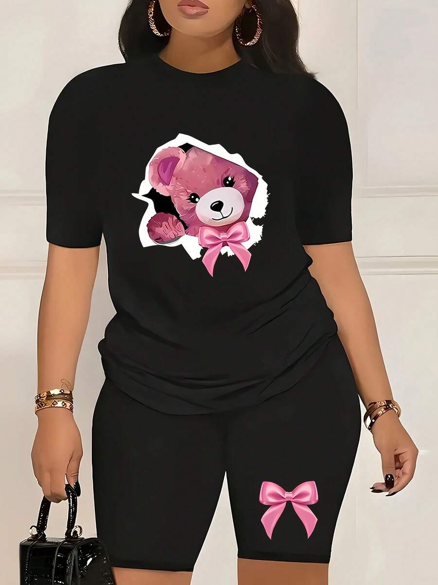Un conjunto de manga corta para mujer, elegante e casual, , fabricado con material suave y transpirable, ideal para el ocio - negro+negro - Ver 1