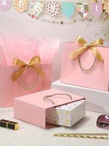 4pcs Gift Bag Set, Includes 1 Gift Bag, 1 Tissue Paper And 1 Card With Ribbon, Shopping Bag, Packaging Bag With Handle, Decorative Bow Handbag, Suitable For Girls Wedding Party Christmas Thanksgiving New Year Wedding Birthday High-End Paper Handbag, Valentine's Day Bridesmaid Girlfriend Party Gift, Valentine's Day And Other Occasions - Multicolor - View 3