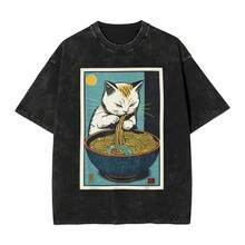 Camiseta de ramen japonés con diseño de gato para hombre y mujer, divertida camiseta con gráfico de gato negro comiendo fideos, top vintage lavado para verano. - Negro - Ver 9