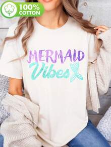 Purple Mermaid Tail Print T-Shirt, Short Sleeve Crew Neck T-Shirt, Casual Top, Suitable For Summer And Spring, Women's Clothing, Breathable Cotton T-Shirt, Co - 白色 - 查看 1