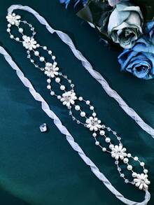 1pc Fashionable Pearl Flower Rhinestone Decor Belt, Elegant Women's Versatile Waist Sash, Suitable For Wedding, Bride, Party, Gathering - Silver - View 8