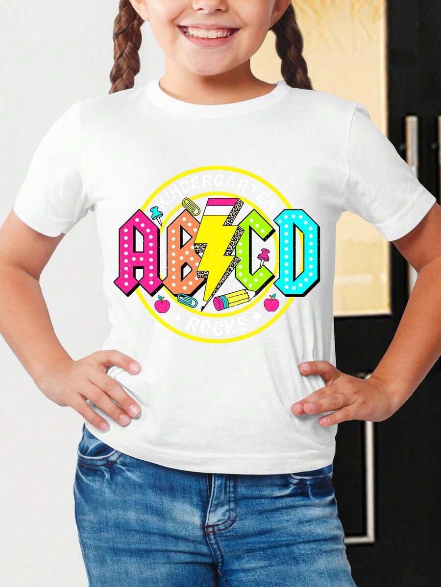 Short Sleeve T-Shirt For Boys And Girls With ABCD Letter Print And Lightning Bolt Kindergarten Rocks Retro Style Fun For Back To School - White - View 1