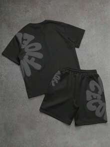 Conjunto de Camiseta de Manga Curta com Gola Redonda e Estampa de Letra e Shorts com Cordão na Cintura Casual Masculino, Conjunto de Shorts Hip Hop Preto e Branco Masculino - Preto / Preto - Visão 2