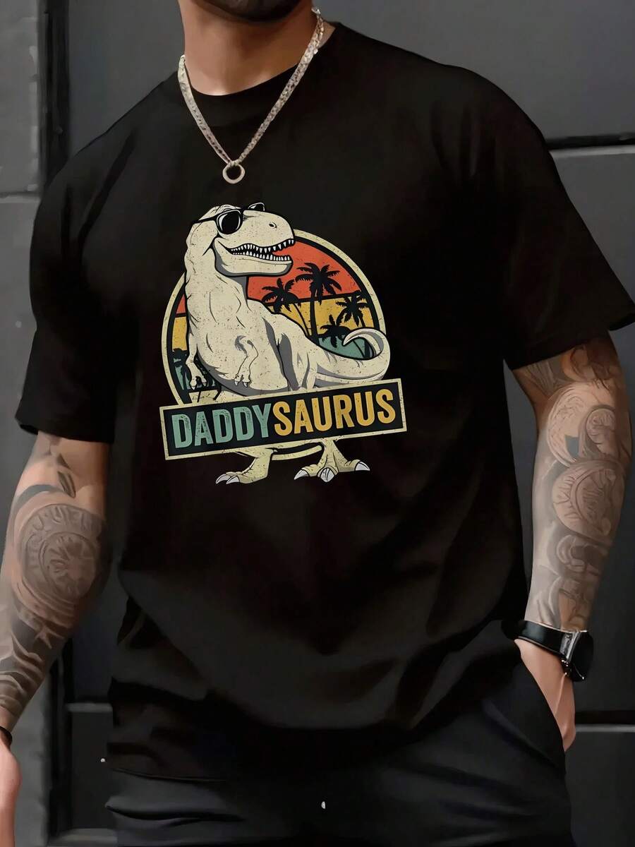 Tyrannosaurus Rex Wearing Sunglasses In Front Of Palm Trees And Sunset, Representing Strength And Good Humor For Proud Parents. Men's 100% Cotton T-Shirt, Ideal For Everyday Wear. - 黑色 - 查看 1