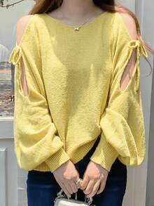 European Style Batwing Sleeve Sweater For Spring/Summer, Loose Top With V-Neck And Lantern Sleeves. - Lemon Yellow - View 2