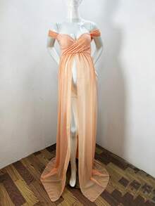 Off-The-Shoulder Lace Maternity Dress - Pink - View 8