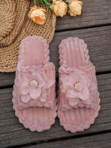Women's Rabbit Fur Butterfly Flower Design Loose Fit Open Toe Slippers, Comfortable Solid Color Plush House Shoes For Bedroom And Floor - Pink - View 5