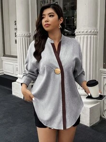 夏季大尺碼杏色條紋金屬鈕扣開衩下擺V領休閒優雅女式襯衫，適合日常、外出、通勤穿著 - 淺灰色 - 查看 1