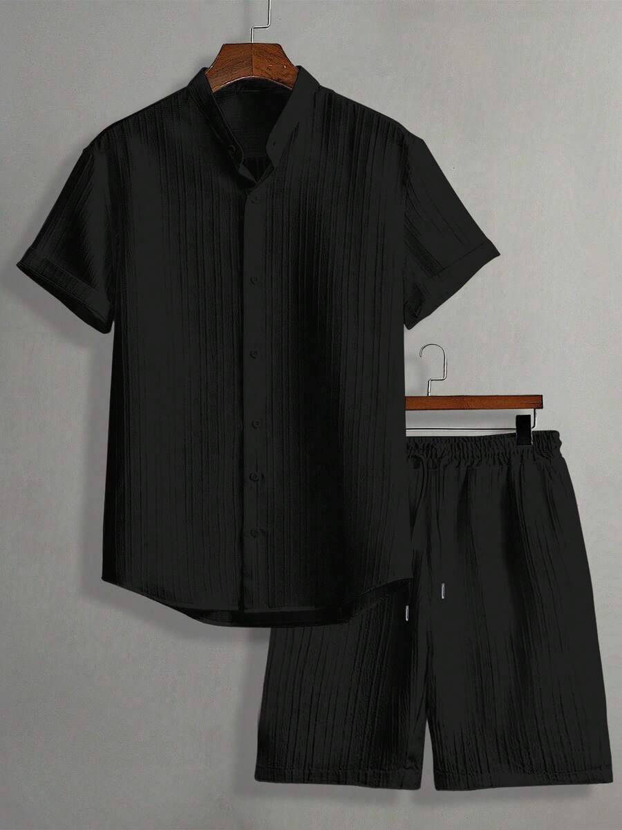JINYA 男士夏季休閒襯衫短褲套裝,地中海度假風,極簡休閒,成熟年輕,適用海灘、居家、工作、戶外、城市,標準版型,簡約、校園、復古、百搭、質感、優雅、個性化、運動風 - 黑色 - 查看 1