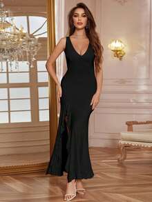 Vestido largo de tirantes estilo europeo y americano 2026 primavera-verano, escote en V sexy con volantes y abertura lateral, corte ajustado - Negro - Ver 4