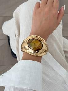 1pc Heavy-Duty Geometric Exaggerated Inlaid Resin Faux Gemstone Charm Jewelry Metal Asymmetrical Large Water Drop Spring Cuff Bracelet, Vintage Fashion, Luxurious Light Luxury, Wedding Banquet, Vacation Party, Daily Casual, Street Style, Women Couples Holiday Birthday Versatile Bracelet Gift - Bracelet - View 12