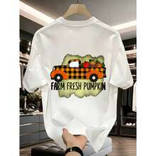 Men's/Casual Style, Farm Fresh Pumpkin Truck, T-Shirt, Orange And Black Plaid Design With Farm Fresh Pumpkin Text, Crew Neck And Short Sleeve, Ideal For Autumn And Summer - 白色 - 查看 1