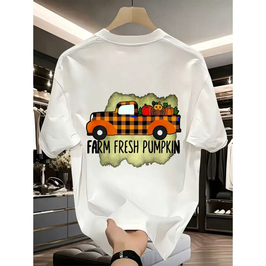Men's/Casual Style, Farm Fresh Pumpkin Truck, T-Shirt, Orange And Black Plaid Design With Farm Fresh Pumpkin Text, Crew Neck And Short Sleeve, Ideal For Autumn And Summer - 白色 - 查看 1