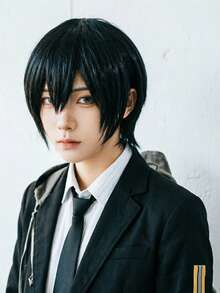 1件通用黑色短直 8英吋合成纖維日常穿戴度假派對Cosplay假髮 中性全頭 - 黑色 - 查看 4