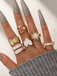 13/8/7pcs Elegant Fashion Vintage Old Money Style Floral Oil Drop Heart Star Moon Asymmetric Geometric Stackable Knuckle Ring Set For Women, Daily Wear, Date, Party, Versatile Accessory Jewelry, Perfect Gift For Birthday, Female Friends - Yellow Gold - View 5