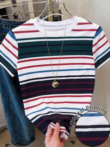Resyla Women's Short Sleeve T-Shirt With Round Neck And Striped Print, Suitable For Summer Holidays And Everyday Wear - 多色 7 - 查看 1