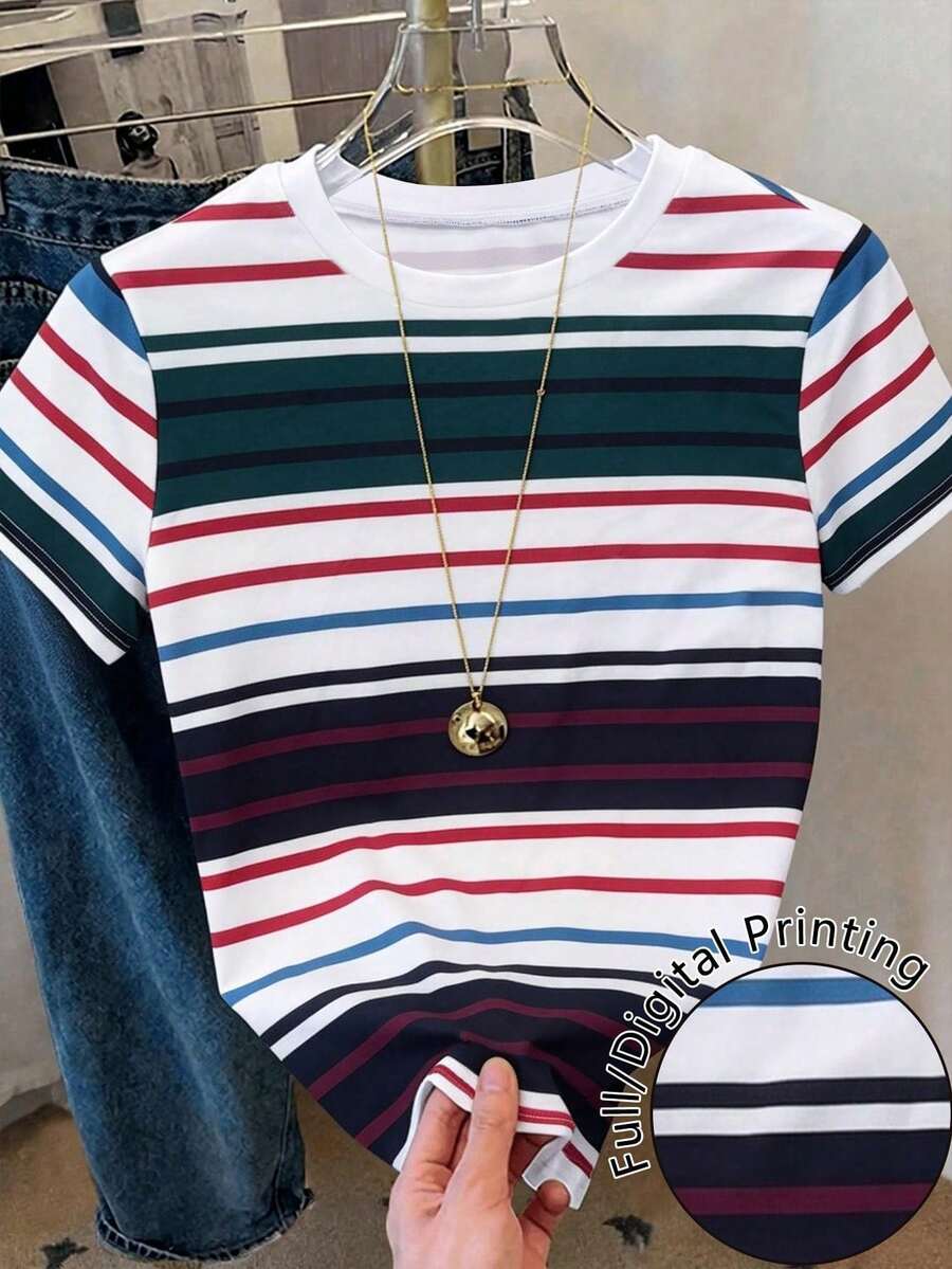 Resyla Women's Short Sleeve T-Shirt With Round Neck And Striped Print, Suitable For Summer Holidays And Everyday Wear - 多色 7 - 查看 1