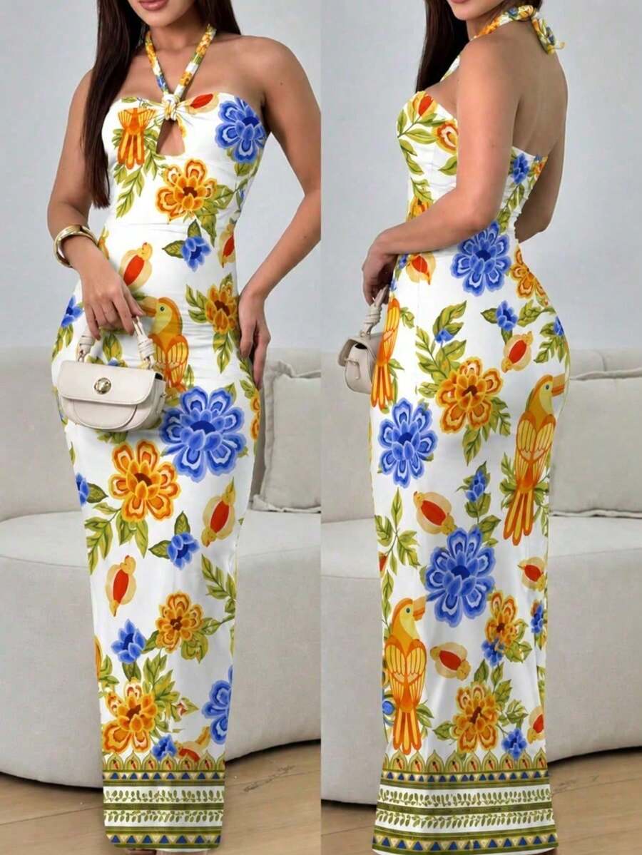Elegant Dress With Tropical Floral Prints. - 黃色鸚鵡印記 - 查看 1