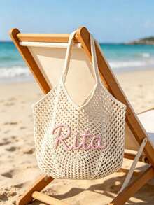 CFUNIQ 1pc Personalized Crochet Beach Tote Bag With Name, Custom Bridesmaid Gift Bag, Travel Beach Crochet Handbag, Large Capacity Summer Beach Bag, Unique Wedding Favor Bachelorette Party Supply - Multicolor - View 3