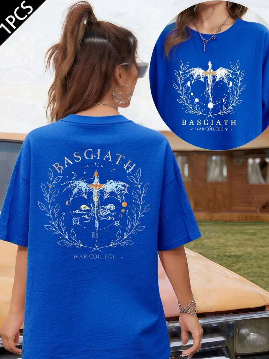 Camiseta Basgiath Dragon War College, Camiseta de Algodón de 180 g/m² con Estampado de Doble Cara, Cuello Redondo, Estilo Casual y a la Moda para Mujer (1 Pieza) - Azul - Ver 1