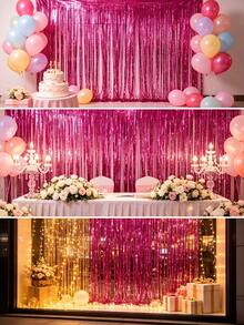 1pc Deep Pink Tinsel Curtain Party Decoration Backdrop, Graduation Decor, Tassel, Birthday, Wedding, Adult Tinsel Curtain, Birthday Party Background Wall Decor, Shiny Aluminum Foil Tassel Wall Curtain - Multicolor - View 4