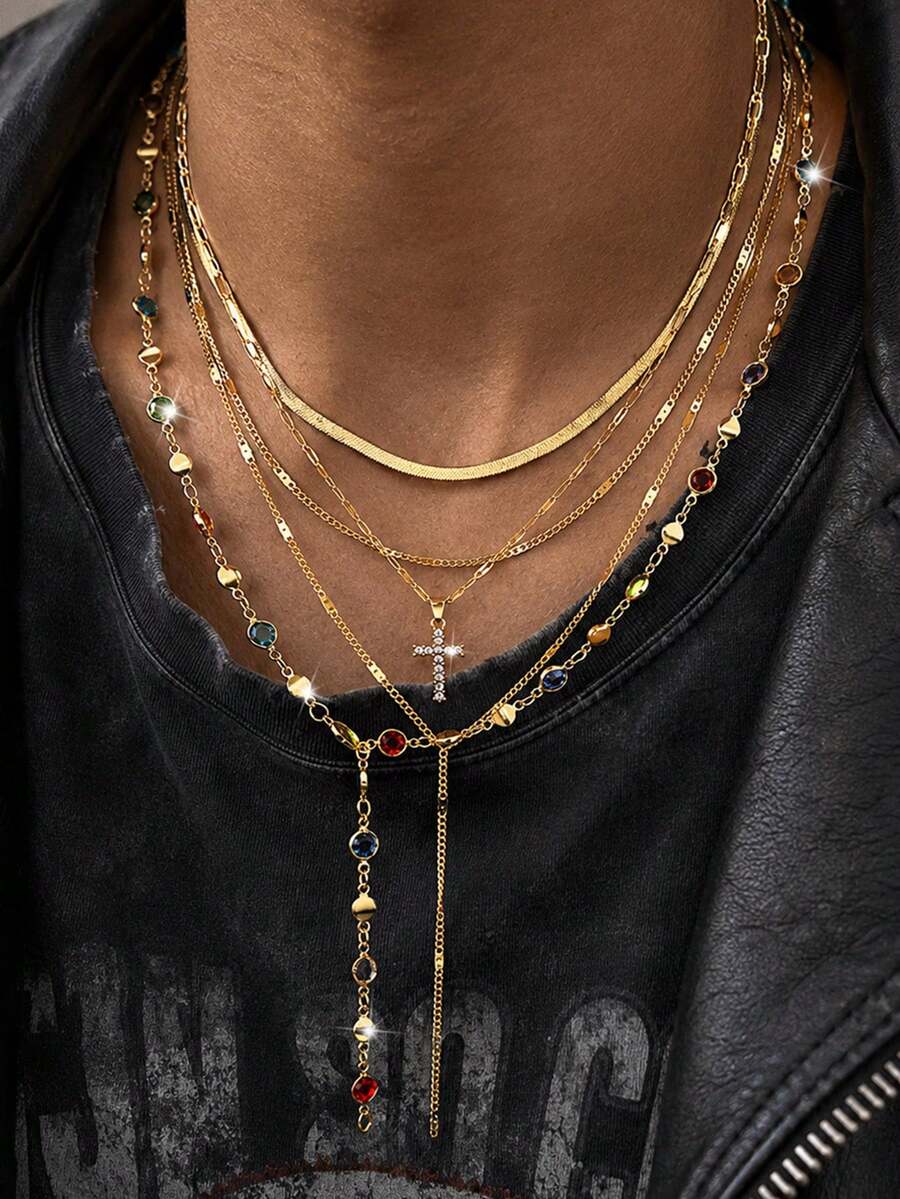 5pcs Fashion Minimalist Business Colorful Bohemian Rhinestone Cross Pendant Y-Shaped Chain Multi-Layer Stackable Necklace For Men Beach Vacation Date Daily Commute Versatile Gift For Boyfriend Friend Father (Rhinestone Color Random) - Yellow Gold - View 1