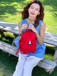 New Design Red Mini Drawstring Backpack For Women. Lightweight, Korean-Style Casual And Stylish, Perfect For Relaxed Outfits. Cute And Sophisticated, Ideal For Commuting, School, Or Everyday Outings. Vivid Color, Eye-Catching Drawstring Bag. - Red - View 3