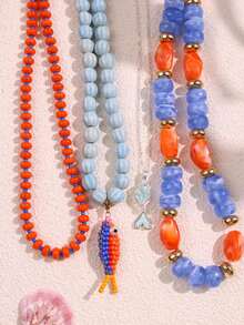 4-1pc Beach Vacation Style Elegant Casual Shiny Versatile Unique Personalized Exquisite Small Fish Rice Bead Resin Ceramic Beaded Necklace Set For Women Daily Wear Holiday Party Jewelry - Multicolor - View 5