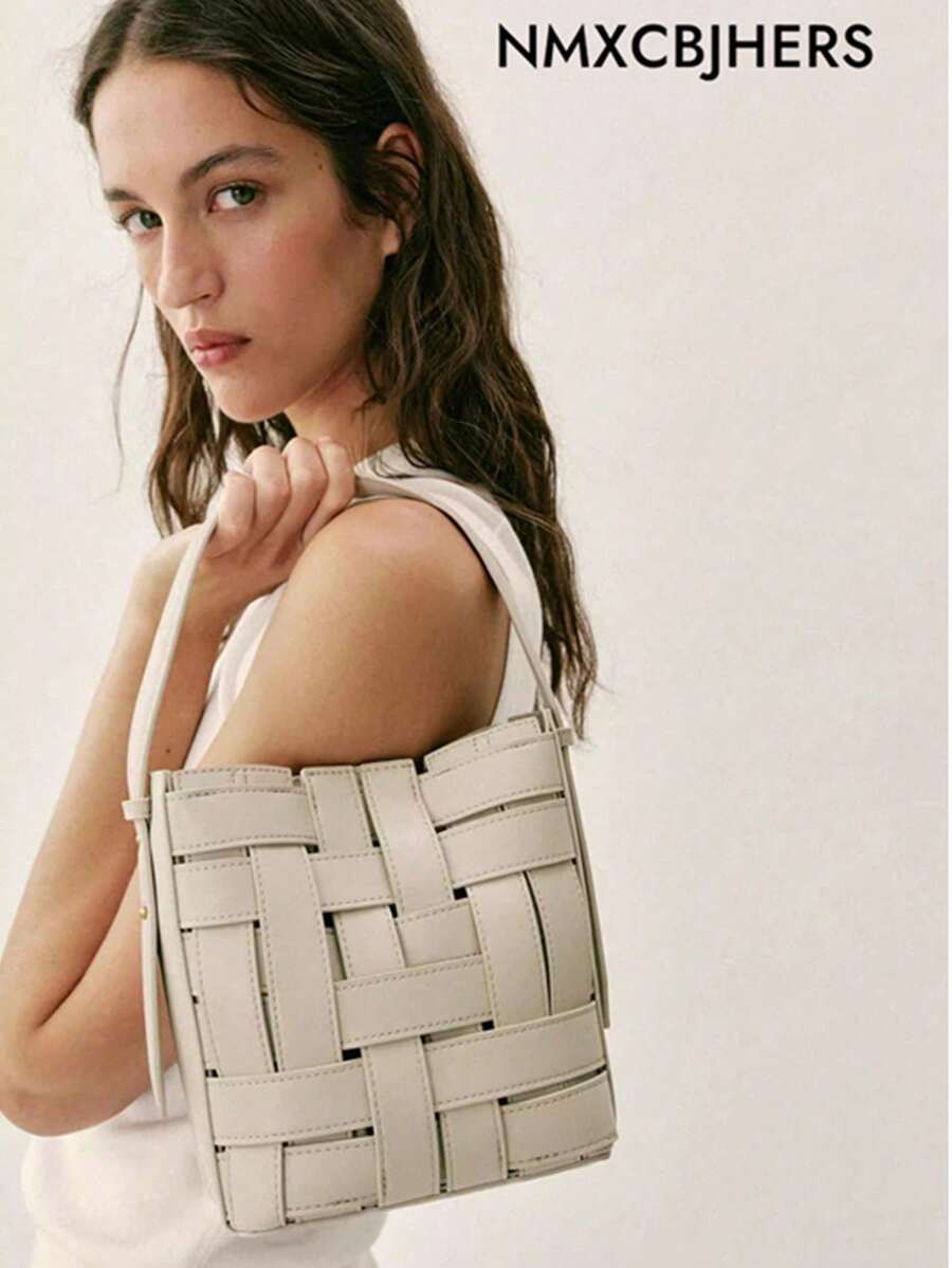 Bolso de mano para mujer, novedad de verano 2026, bolso de hombro cruzado tipo cubo con cordón tejido - Beis - Ver 1