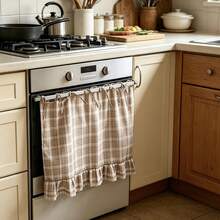 Handmade Oven Skirt, Farmhouse Style Kitchen Decor, With Satin Ribbons, Hanging Ornaments And Ruffle Trims, Rustic Oven Door Curtain Decor, Suitable For Cottage And Daily Kitchen, Room, Home Decoration - 卡其色 - 查看 1