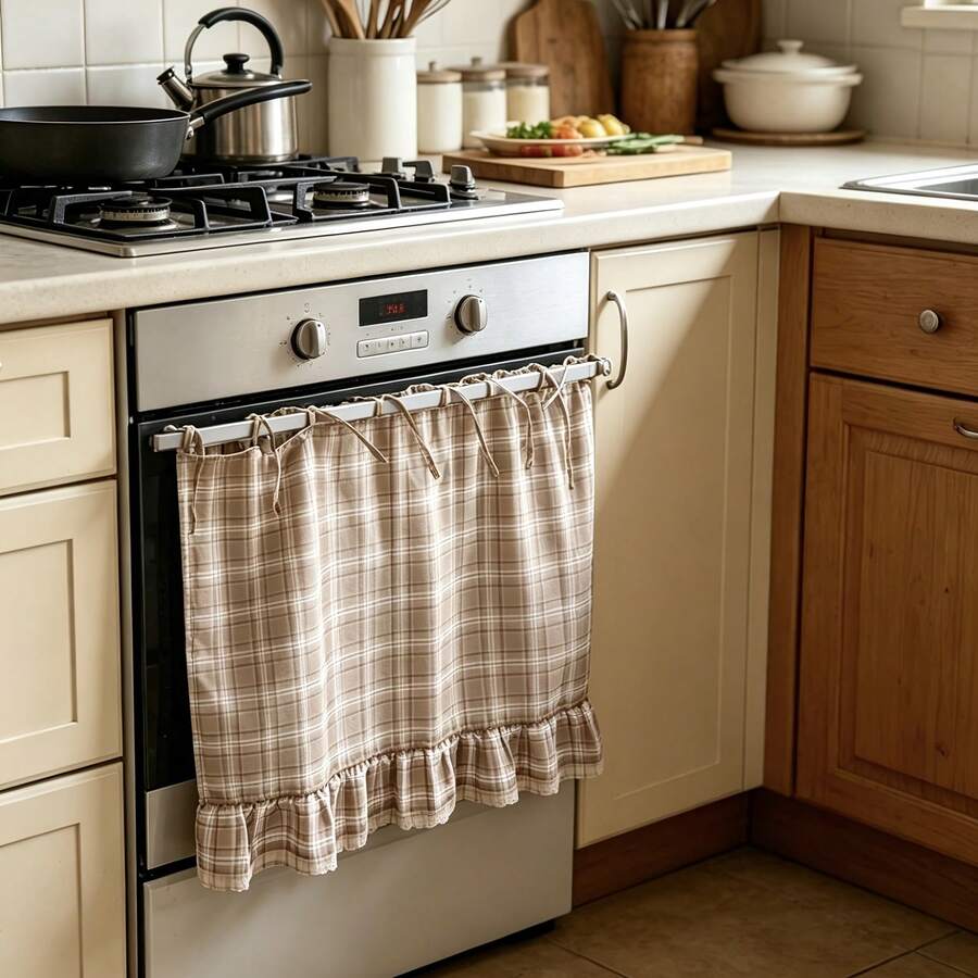 Handmade Oven Skirt, Farmhouse Style Kitchen Decor, With Satin Ribbons, Hanging Ornaments And Ruffle Trims, Rustic Oven Door Curtain Decor, Suitable For Cottage And Daily Kitchen, Room, Home Decoration - 卡其色 - 查看 1