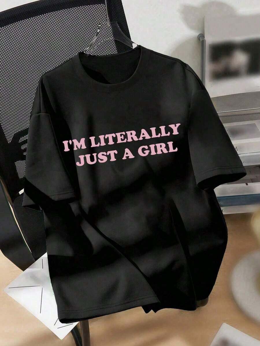 Sparklyn Camiseta de manga corta con cuello redondo y estampado gráfico de letras, cómoda y casual , adecuada vacaciones de verano - Negro - Ver 1