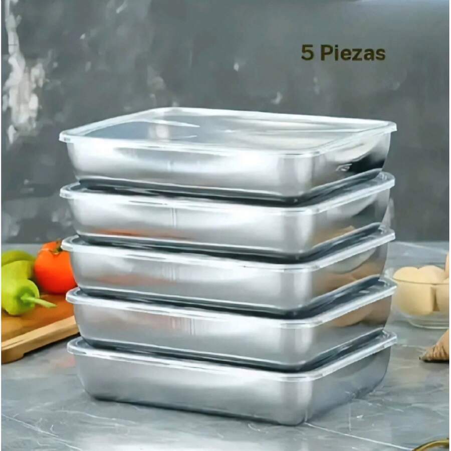  Mehrzweck-Aufbewahrungsboxen aus Edelstahl, 5er-Set mit Deckeln, Versiegelte Behälter für Trockenwaren/Snacks/Picknick-Bento - Übersicht 1