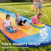 1 pieza Tobogán de agua para 3 personas + 3 tablas deslizantes inflables, Tobogán de agua para el césped, Tapete de juego de agua para el patio trasero con tablas deslizantes inflables de color aleatorio, Perfecto para entretenimiento de verano, Tobogán de agua para fiesta familiar en el patio trasero - B - Ver 7