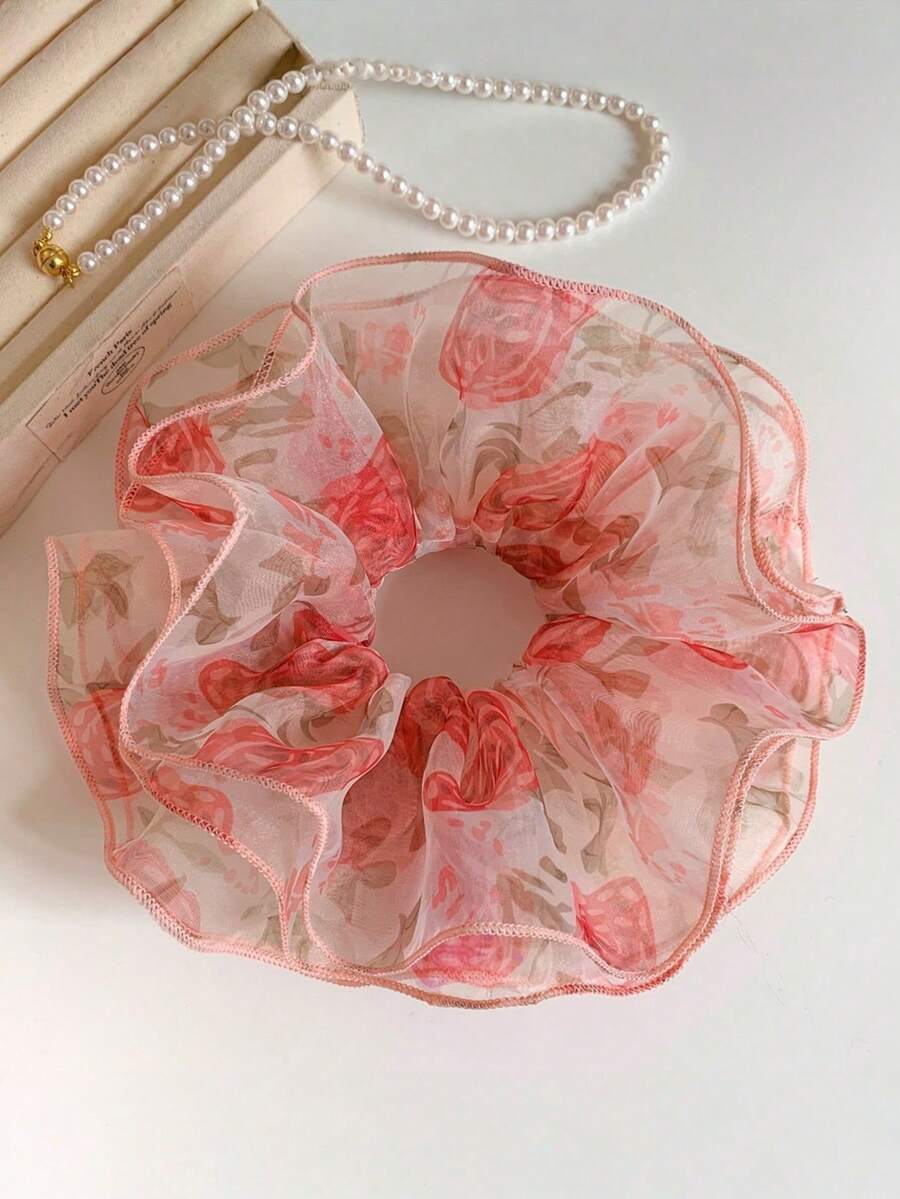 女款玫瑰印花網紗優雅大腸圈髮飾,適合日常使用、居家、學校、海灘、度假、工作、通勤、派對、節日、生日禮物、開學季、大學風格、新年、情人節、母親節禮物、婚禮季、新娘、音樂節,適用春夏秋冬 - 彩色 - 查看 1