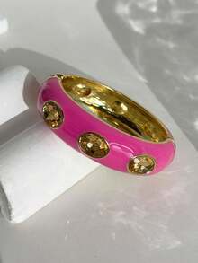 Sweet Pink Colorblock Geometric Asymmetrical Metal Bracelet Striped Resin Bracelet Y2K Girl Personalized Jewelry Suitable For Daily Wear And Party Matching - Multicolor - View 7