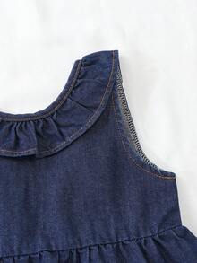 Baby Girl Summer Set - Sleeveless Tank Top With Single Layer Ruffle Collar Design, Fashionable Elegant Denim Top Paired With Lace Versatile Casual Washed Denim Pants Set, Suitable For Summer Travel, Beach Outings Or Daily Wear - Dark Wash - View 3