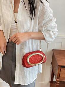Women's Rhinestone Rounded Rectangular Evening Clutch Bag, Curved Oval Front Handle Handbag, Fashionable Crossbody Bag, Suitable For Wedding, Ball, Valentine's Day Party - Red - View 3