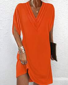 Vestido de mujer europeo y americano de primavera/verano 2026 con cuello en V, plisado y mangas de murciélago. - Negro - Ver 8