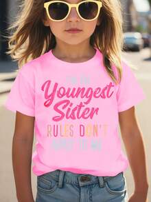 Camiseta de manga corta para niñas con estampado de letras "Soy la hermana más pequeña", moderna, versátil y cómoda para primavera-verano. - Blanco - Ver 9