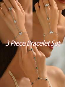 3pcs/Set Fashion White Shell Heart-Shaped Stainless Steel Butterfly Finger Chain Bracelet, Elegant Luxury Niche Design, Minimalist Exquisite Commute Versatile Party Beach Vacation Hand Jewelry, Perfect Gift For Friends, Besties, Couples On Christmas, Halloween, Thanksgiving, Mother's Day, Anniversary, Birthday, Valentine's Day And Other Holidays - 3-piece Bracelet Set - View 12