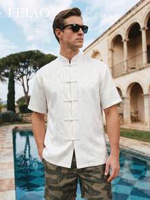 FEIAO Men's Vintage Style Short Sleeve Jacquard Shirt, Chinese Design, High Quality, Suitable For Casual And Vacation Wear - White - View 6