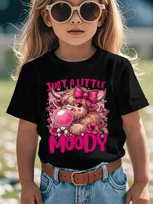 Girls' Short-Sleeved T-Shirt, Summer Style, With "JUST A LITTLE MOODY" Print, Showing A Cartoon Calf Blowing Bubbles With A Bow, Casual And Versatile NY Top - 黑色 - 查看 1