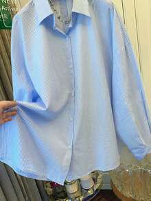 Women's Striped Loose Long Sleeve Shirt, Casual Button-Up Top, Woven Fabric, Plus Size Fashion - Blue and White Stripes - View 5