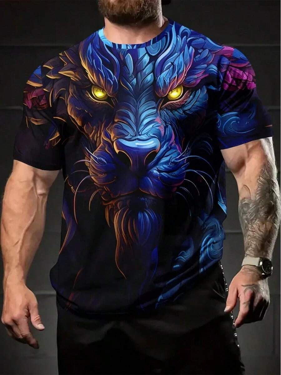 Men's Short-Sleeved T-Shirt, Size, With 3D Digital Dragon Print, Round Neck, Loose Fit, Casual, For Summer. - Putih - View 1