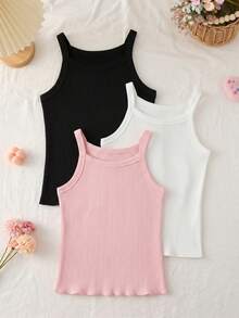Random Color 3pcs/Set Teen Girls Casual Solid Basic Camisole Tank Top, Soft Comfortable Youthful Sports Top For School Students - Multicolor - View 4