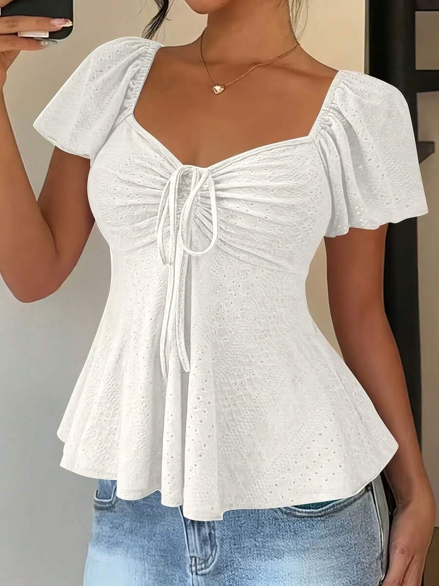 Women's T-Shirt, Modern And Elegant, New For Spring/Summer, Y2K Style, Solid Color, Jacquard, Comfortable And Breathable, With V-Neck, Adjustable Drawstring And Short Sleeves - 白色 - 查看 1