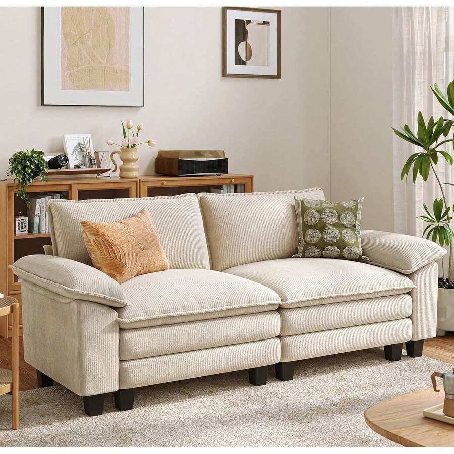LINSY Home - Sofá de sofá de Dos plazas de Nube, Modular, de 90 Pulgadas, sofá de Pana, Suave, Moderno, cómodo, para Sala de Estar, Departamento, Oficina, Color Beige - Beis - Ver 1