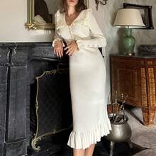 Long Knitted Dress Autumn Winter New Design Retro Style Elegant Feminine With Ruffles Fashion For Women - 杏色 - 查看 1